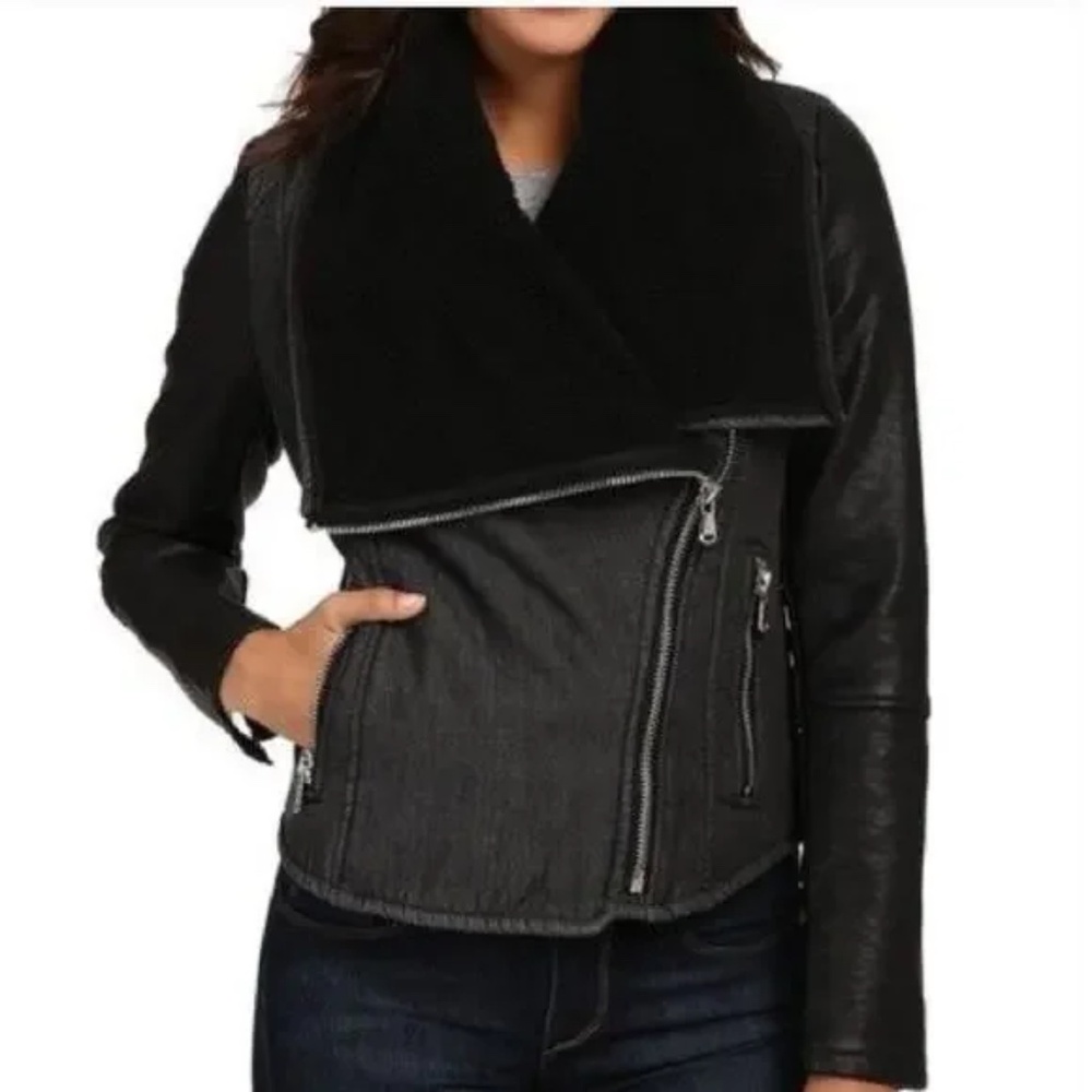 BLANKNYC Grey Black Faux Leather Sherpa Lined Moto Jacket // XS